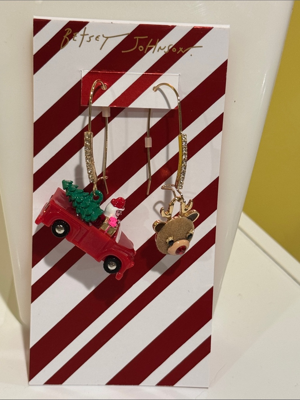 Betsey Johnson Red and Green Holiday Truck & Reindeer Earrings